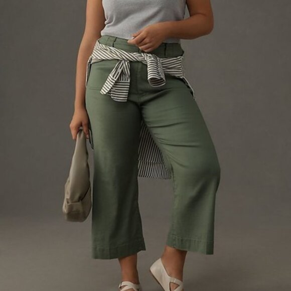 Maeve Linen Pants Collette Green Crop Wide-Leg Front & Back Patch Pockets 20W